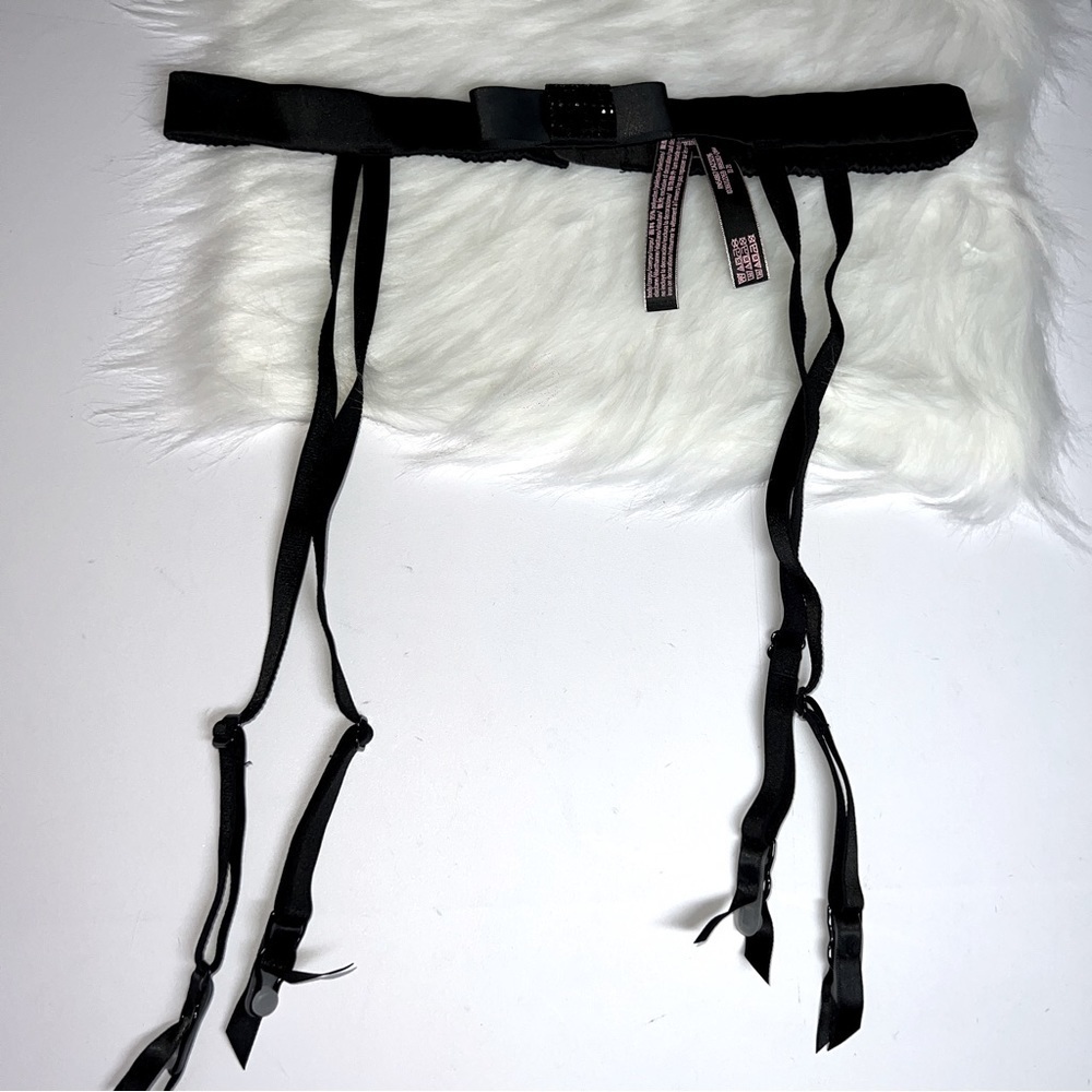 Victoria's Secret Black Crystal Satin Garter Belt NWT